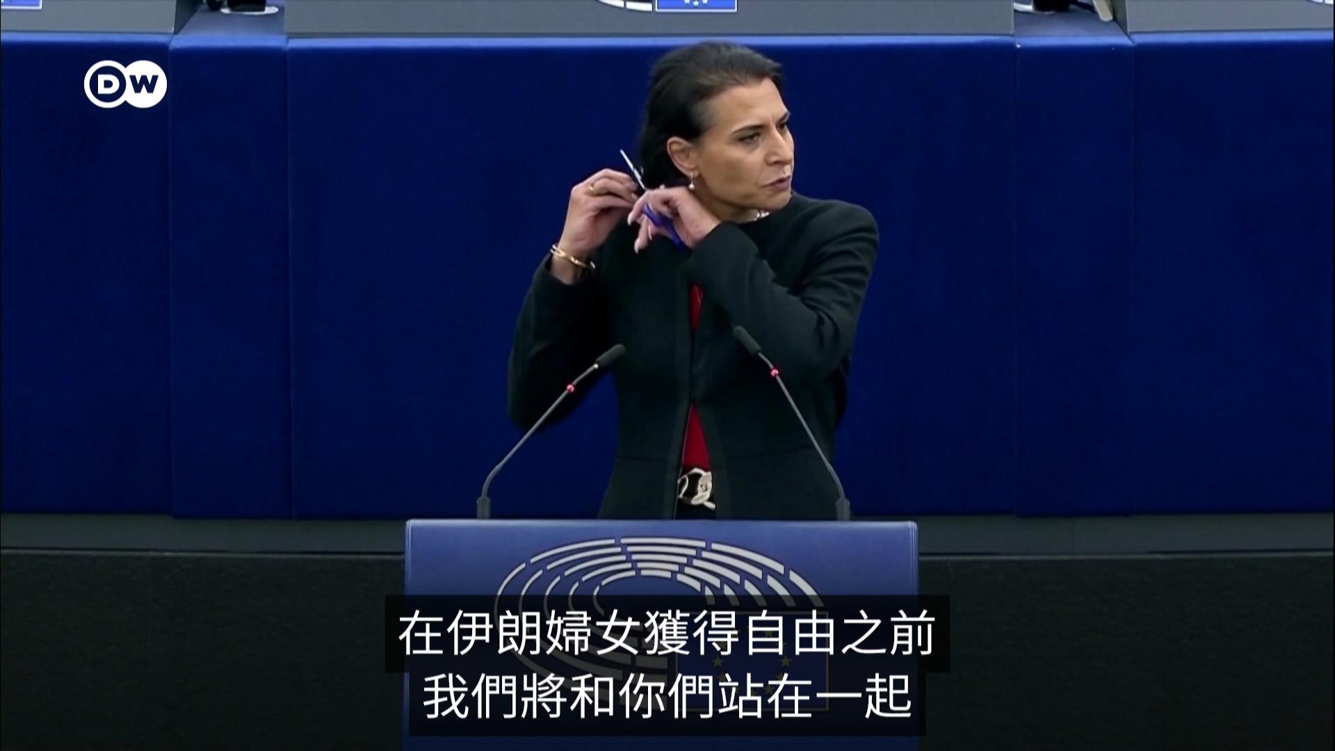 她在欧洲议会演讲台上掏出剪刀……